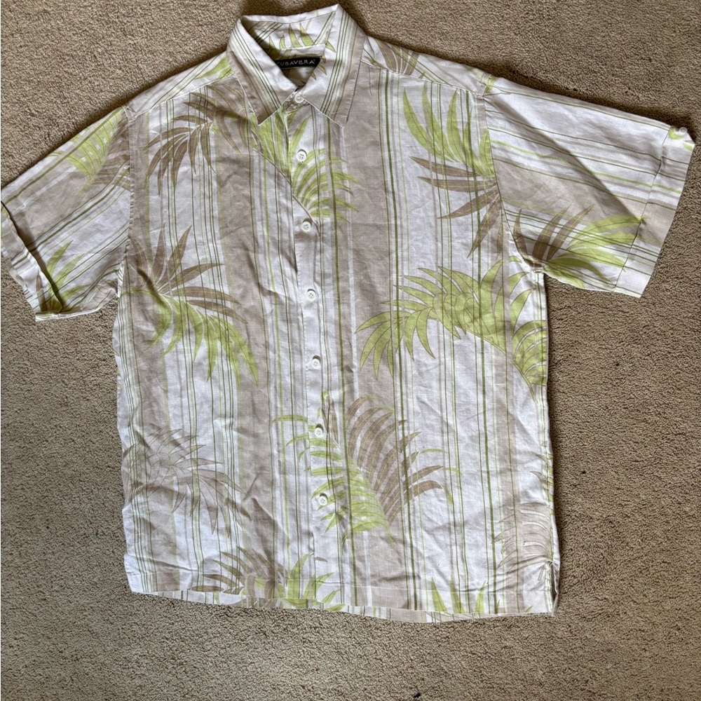 Cubavera White Short-Sleeve Button-Down with Green & Brown Palm Stripe Print